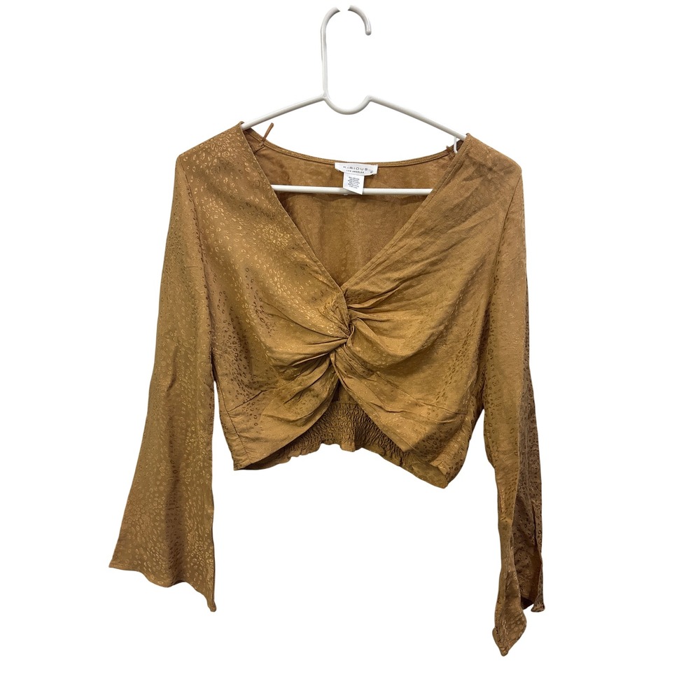 Kirious Los Angeles Gold Leopard Jacquard Twist Front Bell Sleeve Crop Top L